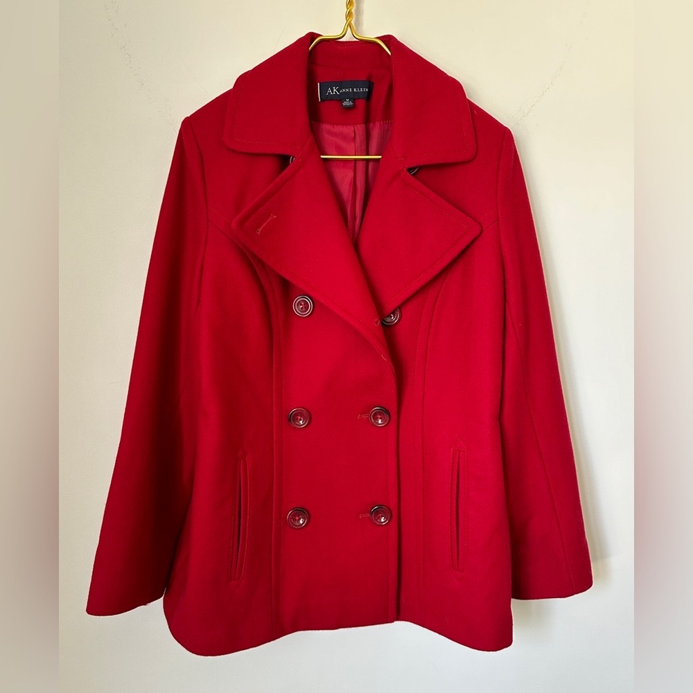 Anne Klein Bold Red Wool Blend Warm Cozy Classic Button Pea Coat Women’s Medium